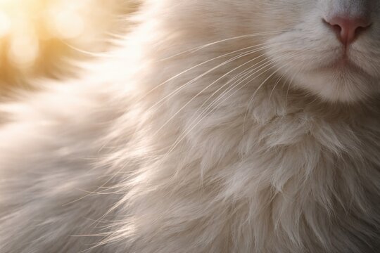 Detailed view of white cat fur with bright illuminated background