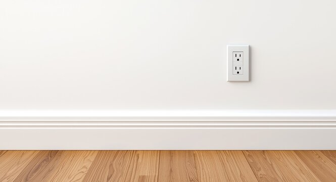 Wall mounted electrical outlet with baseboard and hardwood floor background