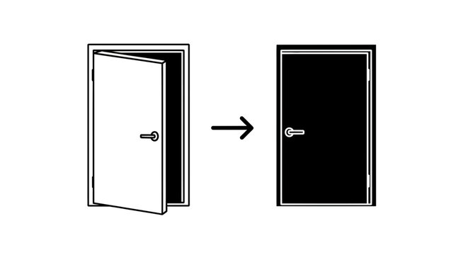 Conceptual illustration of transition an open door transforming into a closed darkened doorway with an arrow