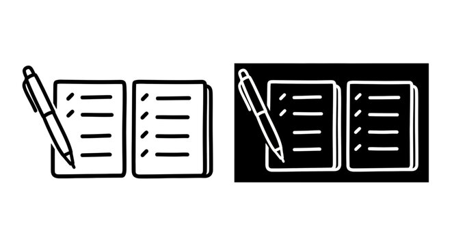 Black and white illustration of open notebooks with pens representing writing notes and documentation concepts