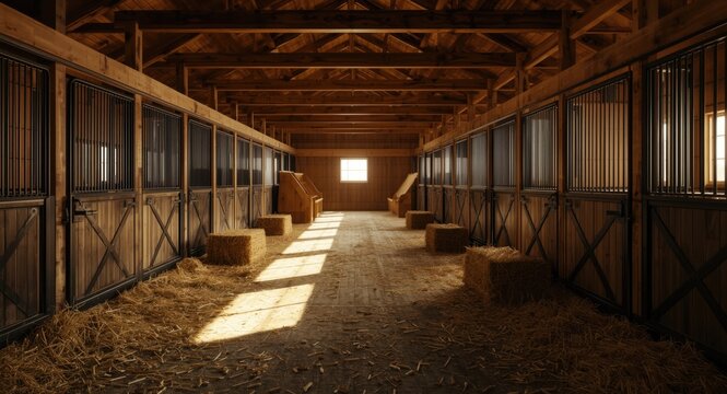 View inside a wooden stable with empty animal compartments and hay bales