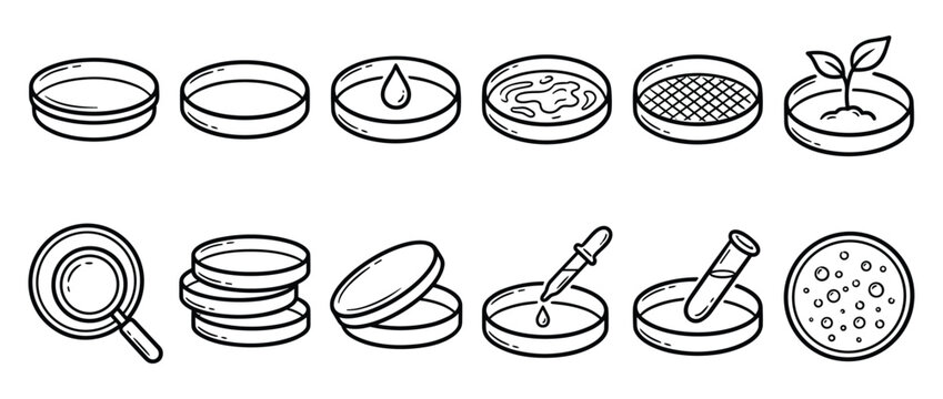 Collection of black outline petri dish icons showing various scientific experiments and laboratory processes