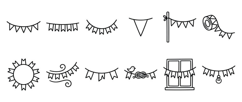 Collection of various simple black outline bunting flag icons for celebration and decoration purposes, presented in a clean, minimalist style