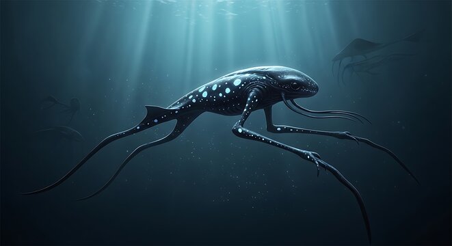 A mysterious bioluminescent deep-sea creature with long legs swims in the dark blue ocean, illuminated by shafts of light from the surface.