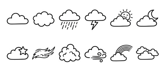 Fototapeta premium Collection of hand-drawn black outline weather icons depicting various atmospheric conditions and celestial elements