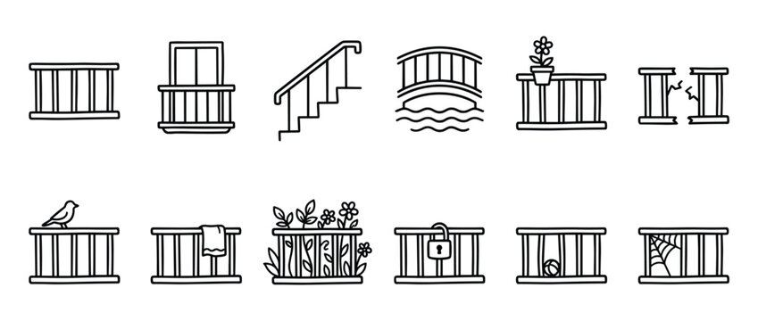 Collection of various hand-drawn railing and balustrade icons in a simple, clean line art style