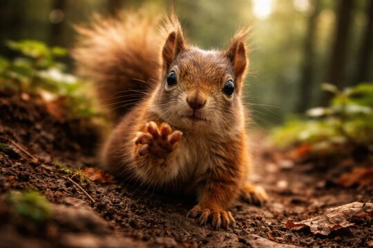Cute fluffy brown squirrel reaching out on forest floor