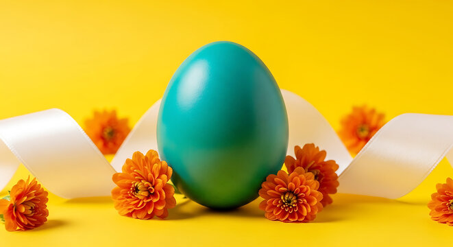 Teal egg surrounded by orange flowers and white ribbon on yellow background