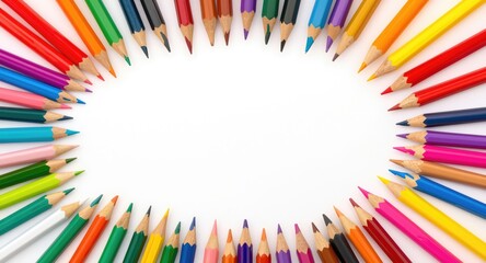Fototapeta premium Various color pencils displayed on white background with copy space for office concepts