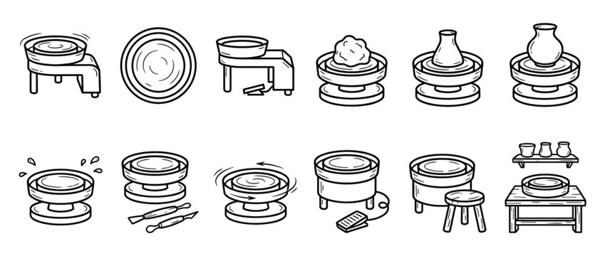 Collection of black outline icons illustrating various stages and tools involved in pottery making and ceramics