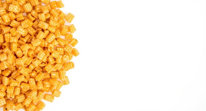 Close up of crispy corn snack mound on a simple white backdrop with copy space