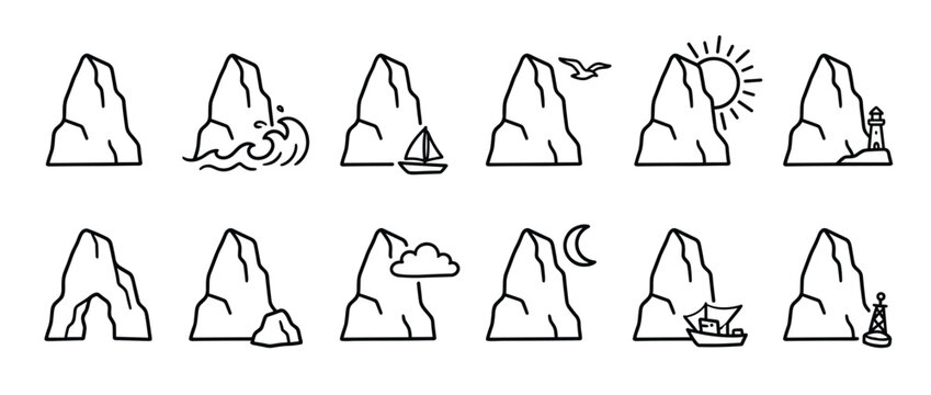 Collection of simple black outline icons depicting various sea stacks and rock formations with nautical elements