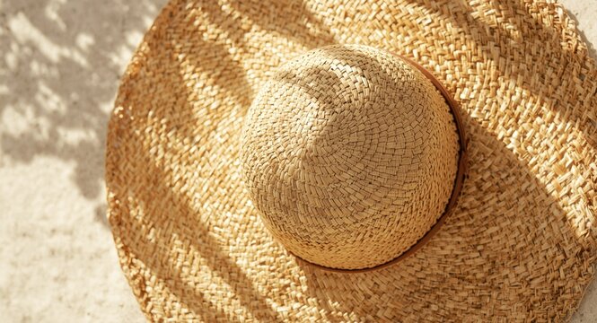 Woven raffia fiber straw hat texture with detailed stitching evoking summer close up