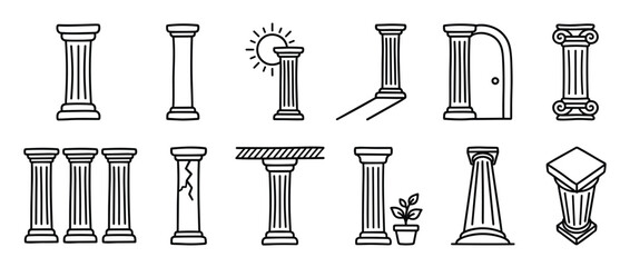 Fototapeta premium Various black outline column icons illustrate different architectural styles and symbolic representations with clean lines