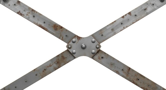 White background highlighting an X shaped riveted metal girder segment