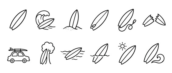 Fototapeta premium Collection of simple black outline surfboard icons depicting various surfing activities and scenarios in a clean, minimalist style