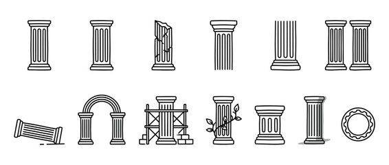 Fototapeta premium Various black outline ancient architectural columns and arches are depicted in a clean, minimalist illustration style
