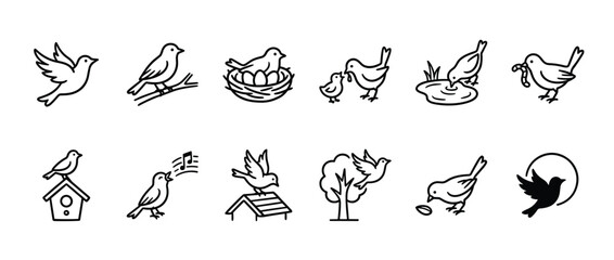 Fototapeta premium Collection of simple black outline bird icons depicting various activities and poses in a clean, illustrative style