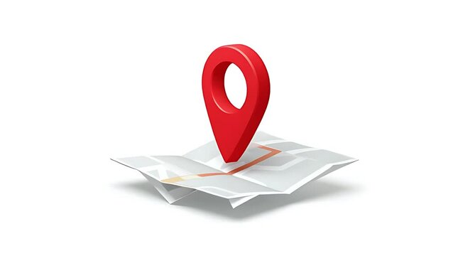 3D Red Map Pin Rotating Over a Folded Paper Map on White Background