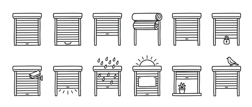 Collection of twelve simple black outline icons depicting various window roller shutters in different states and scenarios
