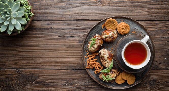 Relishing authentic Indonesian cireng and combro snacks served with jasmine tea on a rustic wood surface surrounded by a simple succulent garden