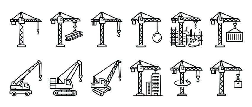 Collection of black outline construction crane icons illustrating various building and lifting activities