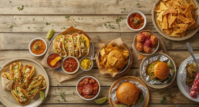Mexican food flat lay closeup with a spread of tacos burritos nachos burgers and copy space