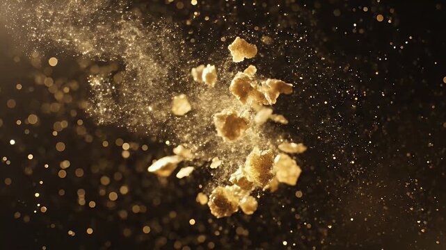 Golden dust cloud with floating particles against a dark background
