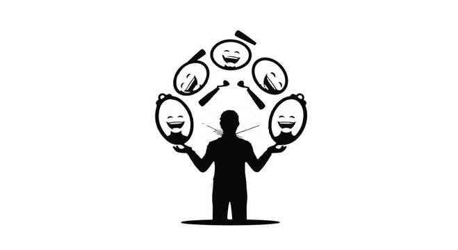 Silhouette of a person expertly juggling multiple smiling faces, symbolizing multitasking and positive energy.