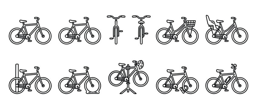 Collection of ten simple black outline bicycle icons, depicting various styles and accessories in a clean, minimalist design