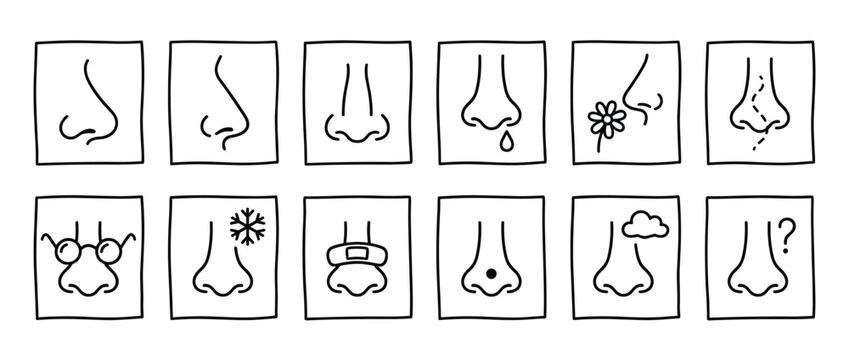 Collection of twelve simple black outline drawings depicting various human noses with different conditions and accessories