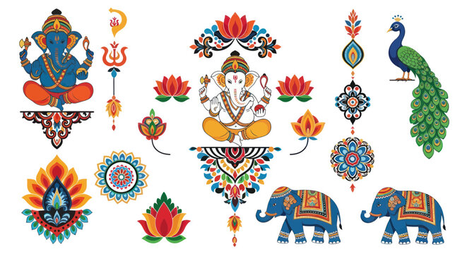 Indian cultural elements: Ganesha, elephants, peacock, lotus flowers, mandala designs