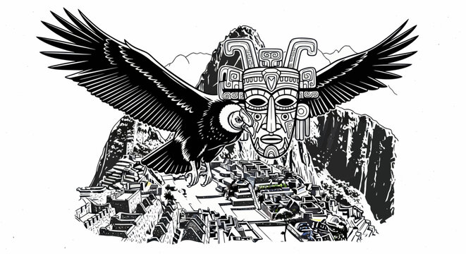 Andean Condor with Inca Mask Flies Over Machu Picchu Ruins