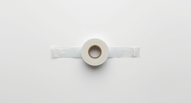 Thermal transfer wax ribbon roll core alongside thermal labels on clean white background