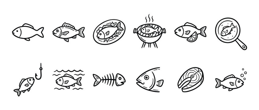 Collection of simple black outline fish icons depicting various stages from live fish to cooked meals