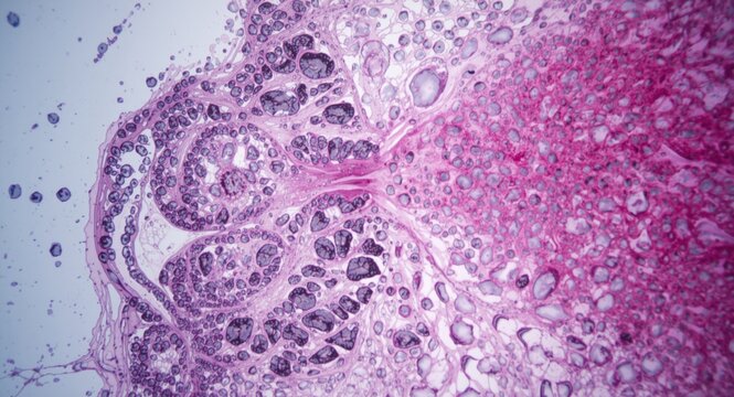 Surgical biopsy under microscope focusing on tophus development in hyperuricemia affected tissue