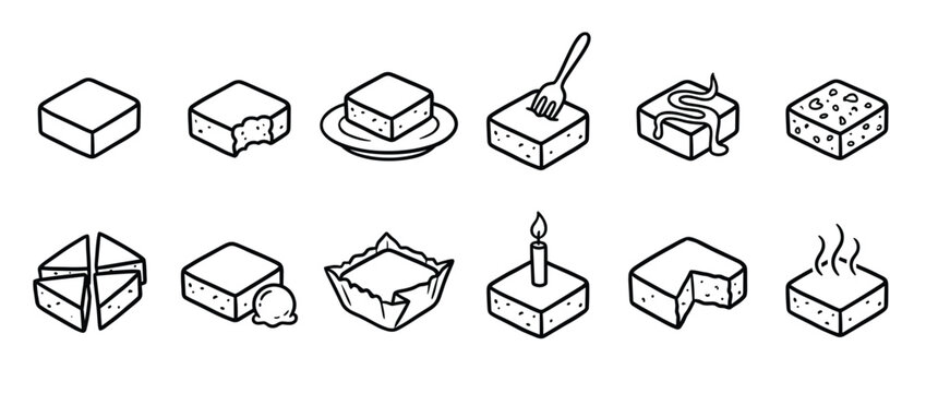 Collection of twelve simple black and white line art icons depicting various square cake or brownie desserts