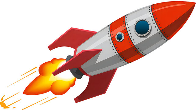 Retro red and silver rocket ship blasting off isolated on a transparent background spaceship