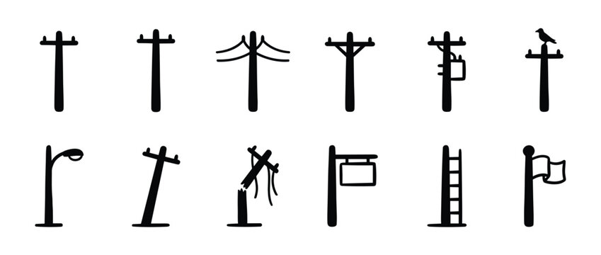 Collection of various simple black silhouette utility poles and street elements in a graphic vector style