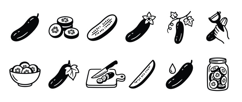 Collection of black and white cucumber icons showing whole, sliced, peeled, and pickled cucumbers in various forms