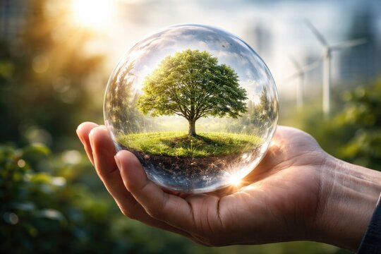 A human hand holding a crystal globe with a miniature tree illustrating climate risk disclosure and net zero emissions for sustainability