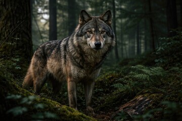 Obraz premium Gray wolf standing alert in dense forest undergrowth