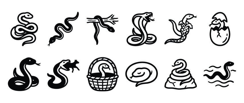 Collection of twelve black and white snake icons showcasing various poses and interactions in a simple, graphic style