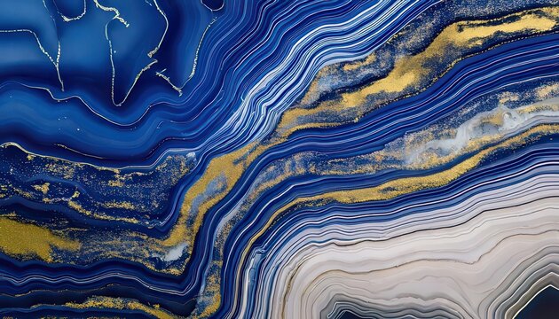Fundo abstrato de textura de m&aacute;rmore azul profundo com elegantes veios dourados e camadas fluidas de mineral para design de luxo contempor&acirc;neo.