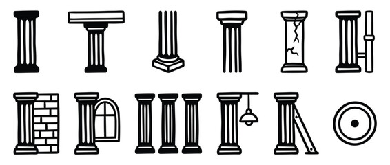 Fototapeta premium Collection of various black and white column illustrations, showcasing different architectural styles and details in a graphic, clean art style