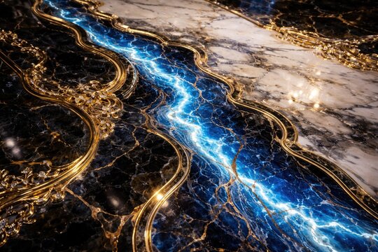 Luxurious gold trimmed marble texture featuring intricate electric blue patterns