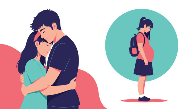 Sad pregnant teenager standing alone while a happy young couple is seen hugging and laughing in the background of the scene.