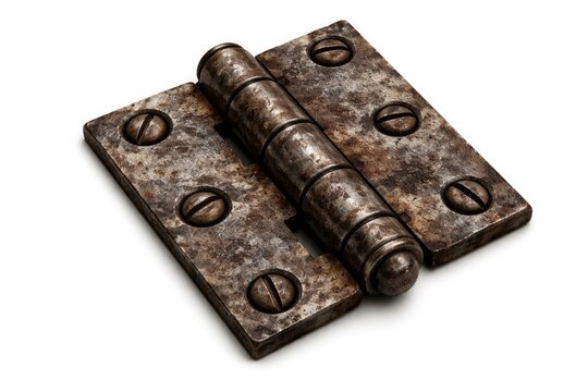 Close up view of an antique metal hinge isolated on a white background