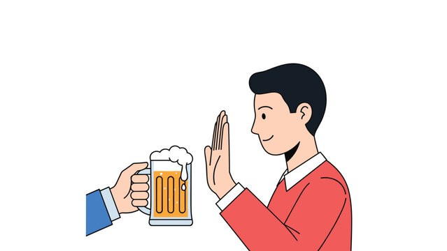 Determined young man using a hand gesture to refuse a glass of beer as a sign of sobriety, health consciousness, or self-control.