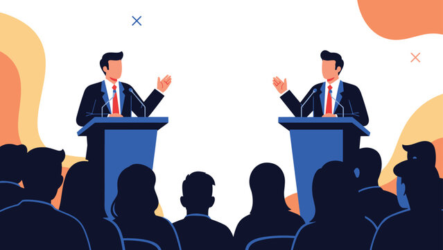 Two political candidates engaging in a public debate at podiums in front of a large audience to share their views and win votes.